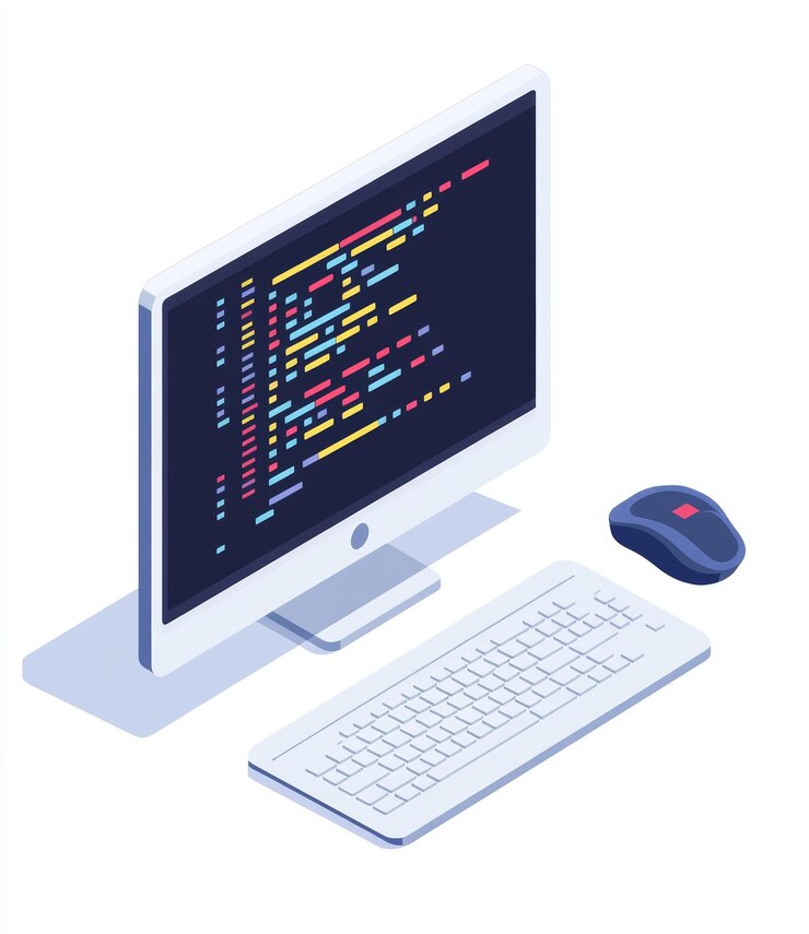 Foto ilustración isométrica de una pantalla de computadora con código diseño simple colores planos formas básicas icon generativa ai
