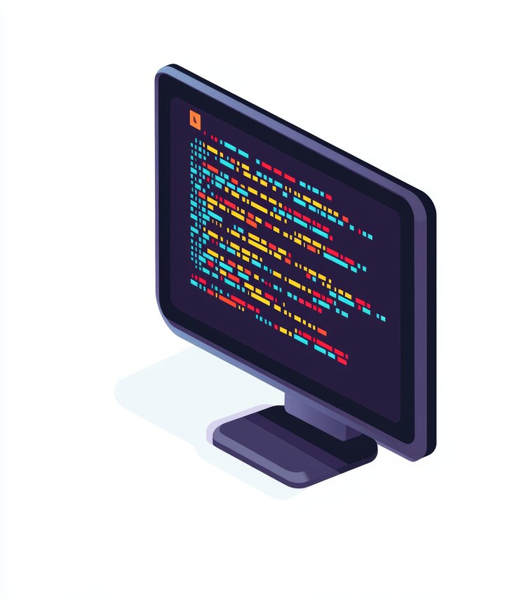Foto ilustración isométrica de una pantalla de computadora con código diseño simple colores planos formas básicas icon generativa ai