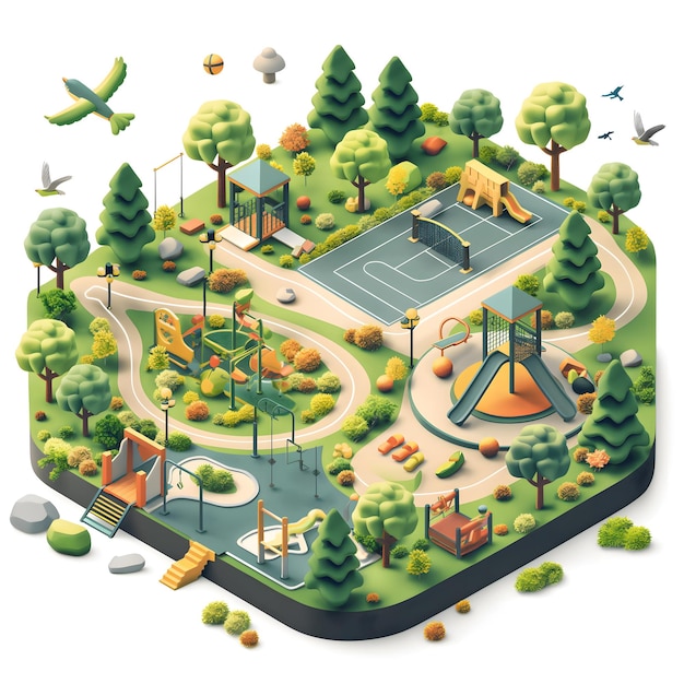 Ilustración isométrica de un parque público verde y exuberante con equipos de parque infantil