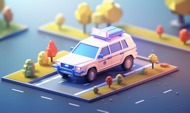 Ilustración isométrica renderizada en el tema del coche de policía pixelado colores frescos 3D con enfoque o