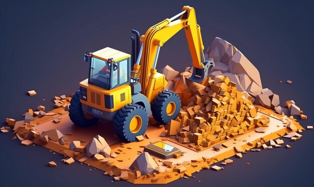 Ilustración isométrica renderizada en el tema de la excavadora pixelada en colores frescos 3D con enfoque en