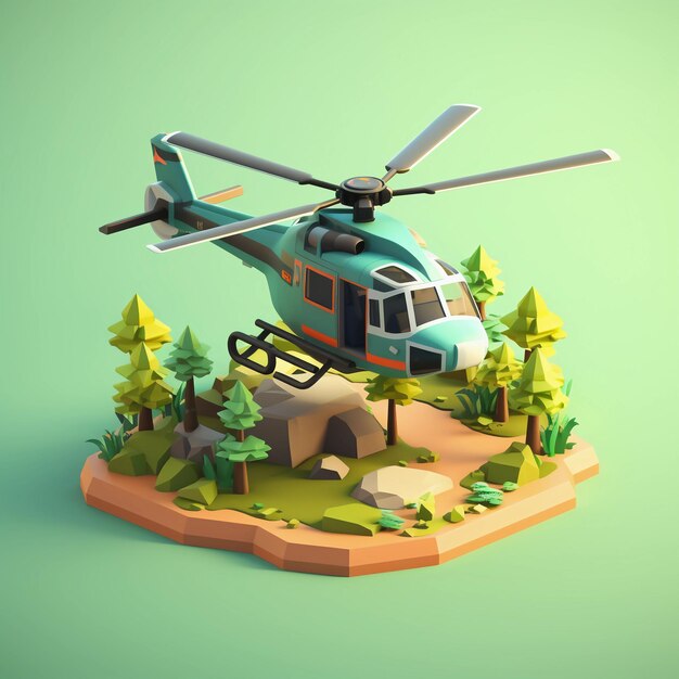 Ilustración isométrica renderizada en el tema de helicóptero pixelado colores frescos 3D con enfoque o