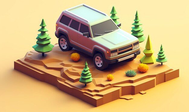 Ilustración isométrica renderizada en el tema de SUV pixelado colores frescos 3D con enfoque en el m