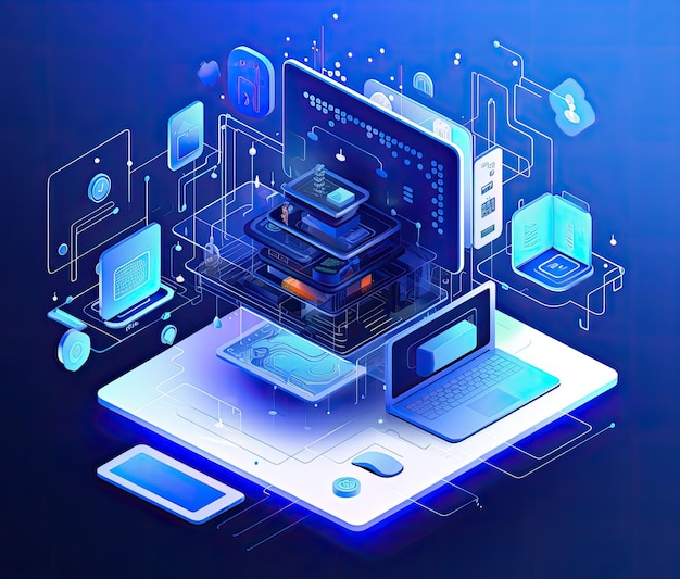 Ilustración isométrica de tecnología y componentes de monitor.