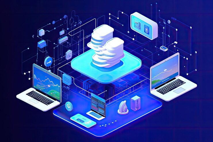 Foto ilustración isométrica de tecnología y componentes de monitor.