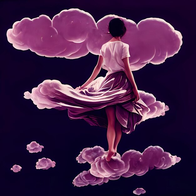 Foto ilustración japonesa chica con vestido violeta entre las nubes