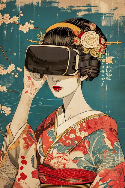 Ilustración japonesa clásica de una geisha usando un auricular de realidad virtual
