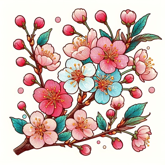 Foto ilustración japonesa colorida dibujada a mano de pétalos de cerezo