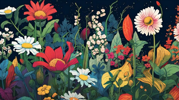 Ilustración de un jardín con diversas flores en flor