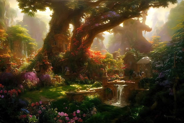 Ilustración de jardín encantado con flores, hermoso jardín abstracto de fantasía