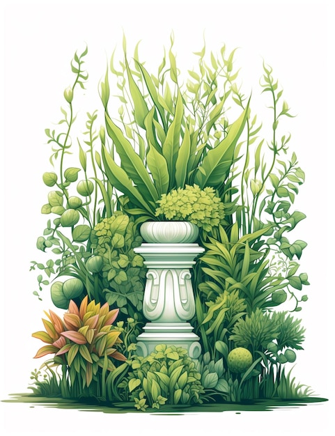 Ilustración de un jardín con una urna blanca y muchas plantas generativas ai