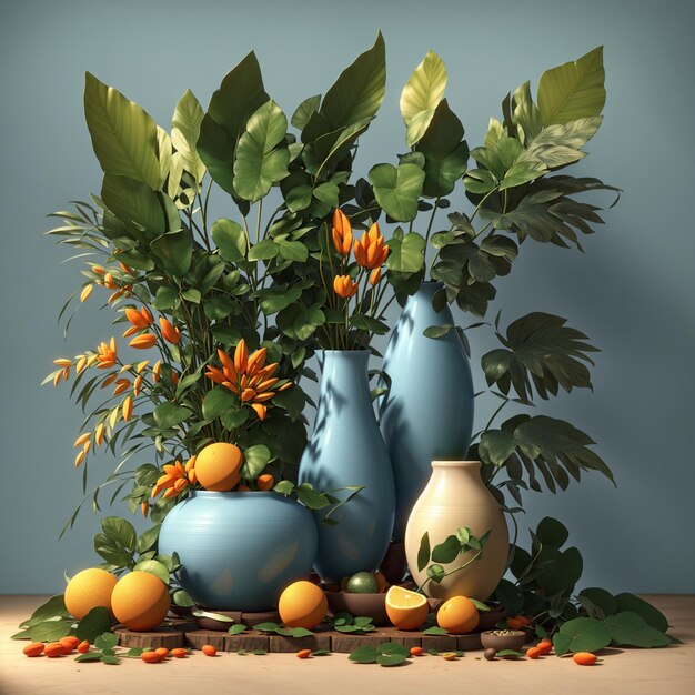 Ilustración de jarrón de naturaleza muerta 3D con hojas y comida brasileña y plantas