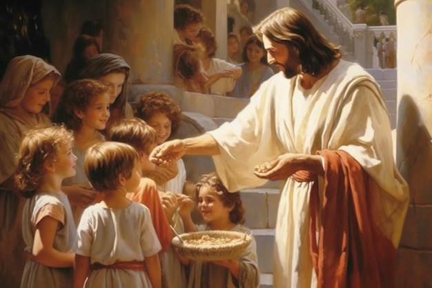 Ilustración de Jesús dando pan a un grupo de niños AI generativa