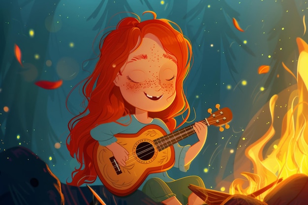 Ilustración de una joven alegre de cabello rojo tocando el ukulele junto a una cálida fogata