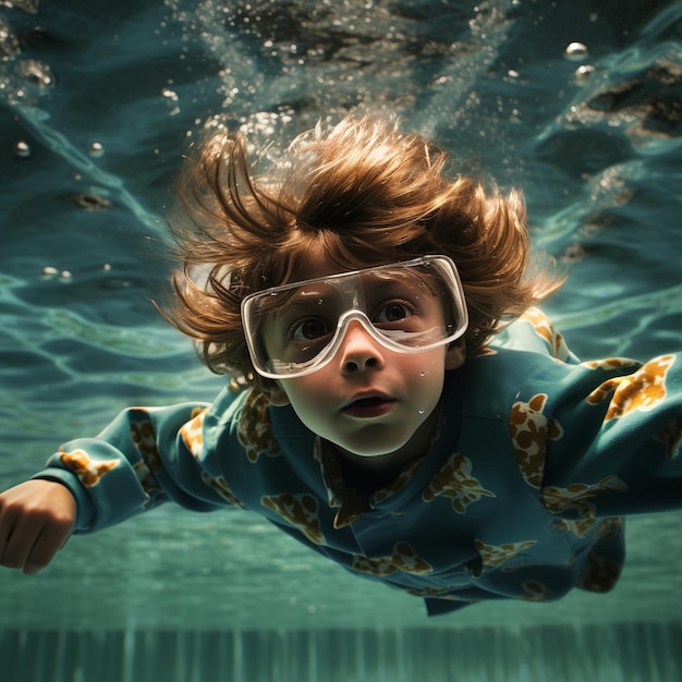 Foto ilustración de un joven buceando bajo el agua en la piscina