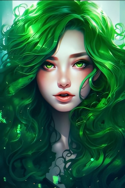 Ilustración de una joven con cabello largo y verde Símbolo de color verde del Día de San Patricio