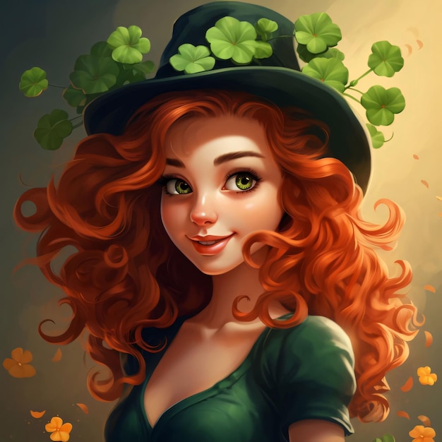 Ilustración de una joven de cabello rojo con un sombrero con flores verdes trébol símbolo de color verde del Día de San Patricio