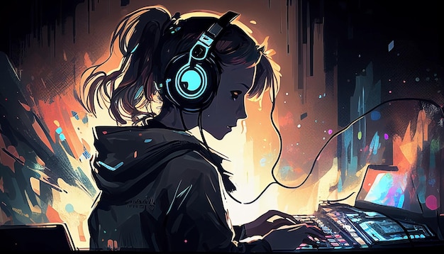 ilustración de una joven DJ sentada frente a una computadora y escuchando música