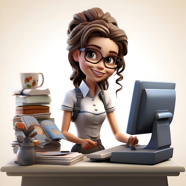 Ilustración de una joven empresaria con computadora y libros en la oficina