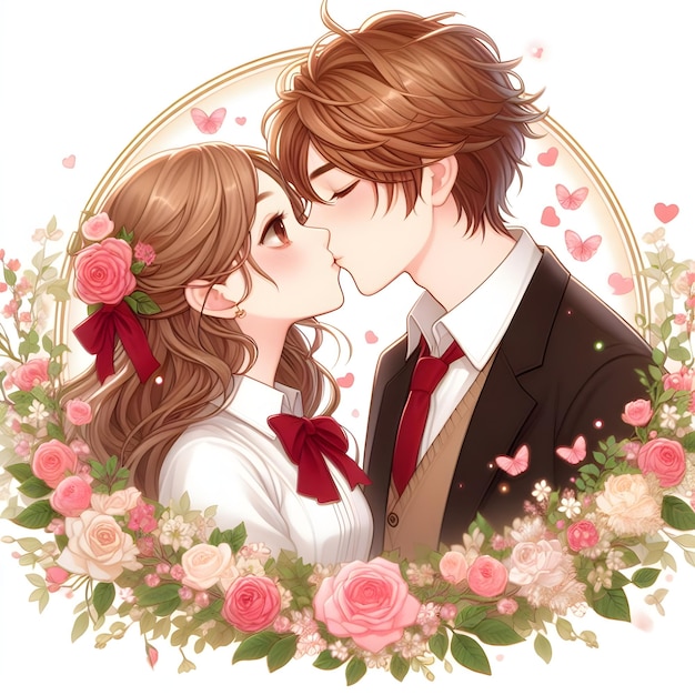 Ilustración de un joven y una joven besándose para el Día Mundial del Beso