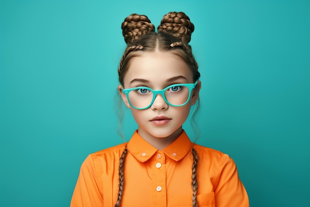 La ilustración de una joven de moda con trenzas y gafas posa sobre un fondo colorido