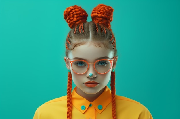 La ilustración de una joven de moda con trenzas y gafas posa sobre un fondo colorido