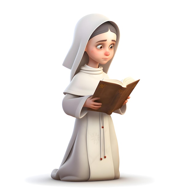 Ilustración de una joven monja leyendo un libro sobre un fondo blanco.