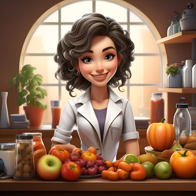 Ilustración de una joven nutricionista que sostiene frutas y verduras en la cocina