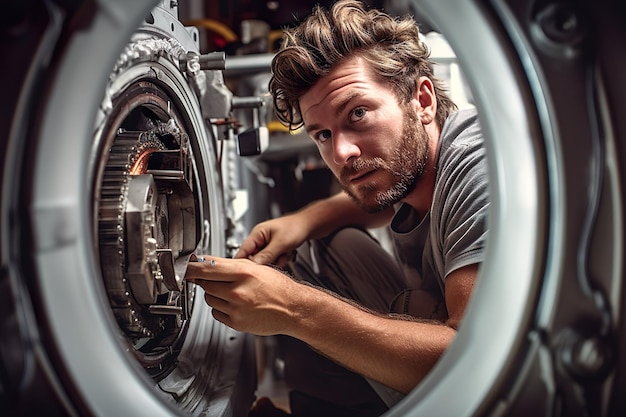 Ilustración de un joven reparando una lavadora