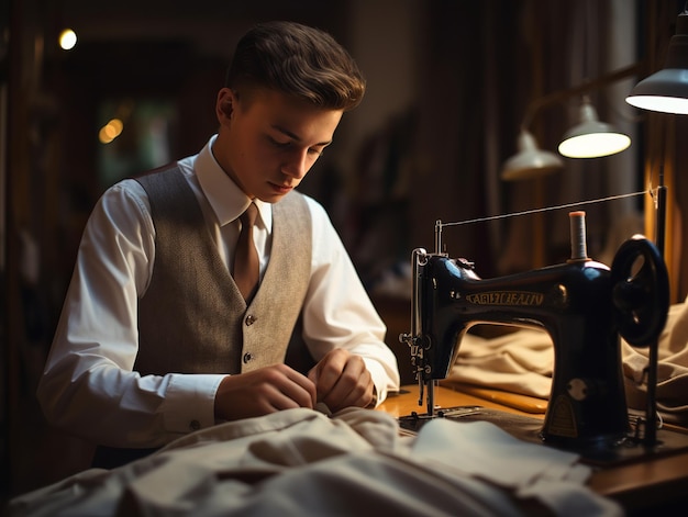 Ilustración de un joven sastre trabajando con una máquina de coser en un modo