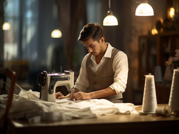 Foto ilustración de un joven sastre trabajando con una máquina de coser en un modo