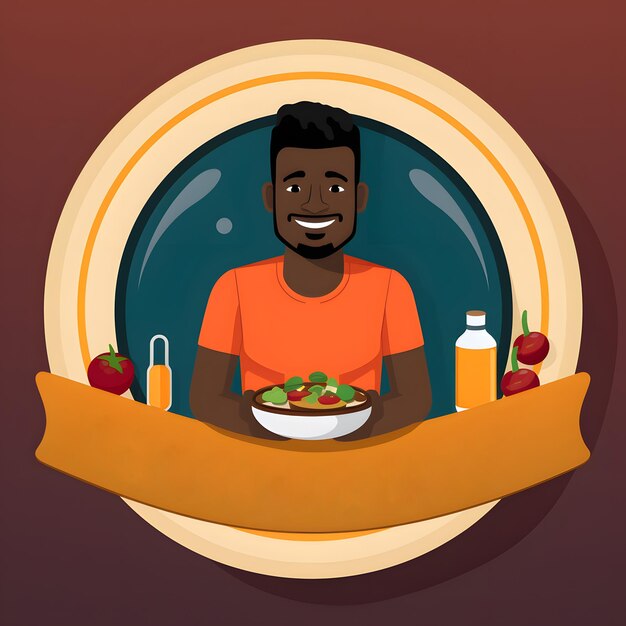 Ilustración de un joven sentado en una mesa disfrutando de una comida saludable