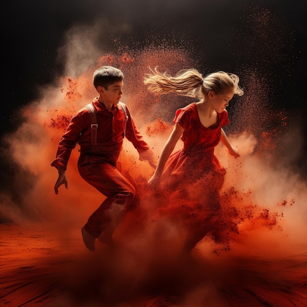 Foto ilustración de jóvenes bailarines talentosos rociando polvo rojo
