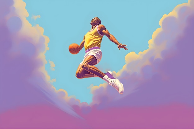 Una ilustración de un jugador de baloncesto saltando en el aire.