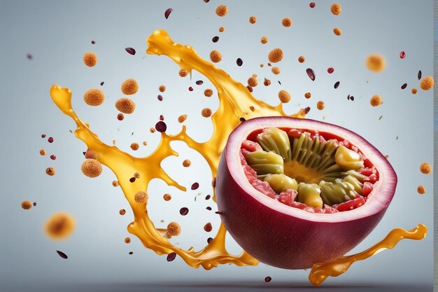 Una ilustración de una jugosa fruta de la pasión estallando en pedazos