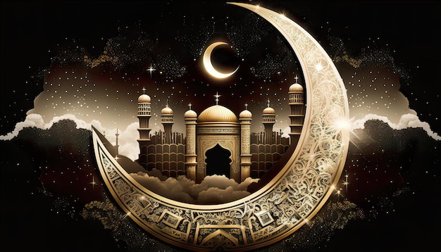 Ilustración de la Kaaba y la luna creciente en brillante Generar IA