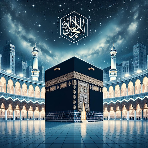 Foto una ilustración de la kaaba con texto árabe rodeado por una colonnada bajo un cielo estrellado