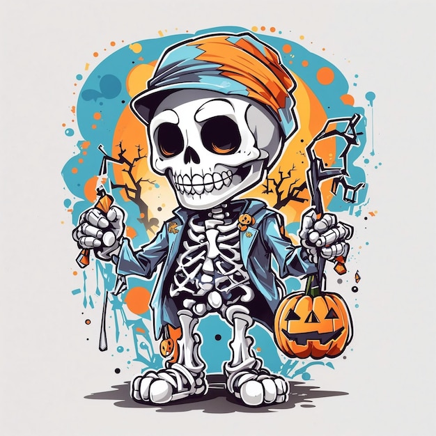 Foto ilustración kawaii esqueleto celebrando halloween 1