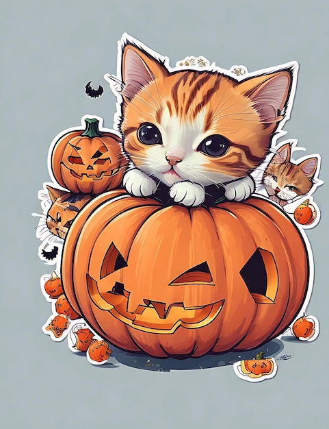 Ilustración Kawaii Gatitos jugando con una pequeña calabaza Diseño de camiseta vector