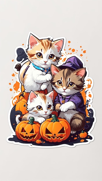 Ilustración Kawaii Gatitos jugando con una pequeña calabaza Vista lateral de Halloween pegatina limpia whi