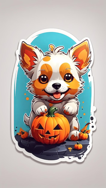 Ilustración Kawaii perro jugando con una pequeña calabaza vista lateral de Halloween pegatina limpia whi