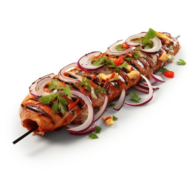 Ilustración de kebab a la parrilla con cebolla y pimentón en una escena clara