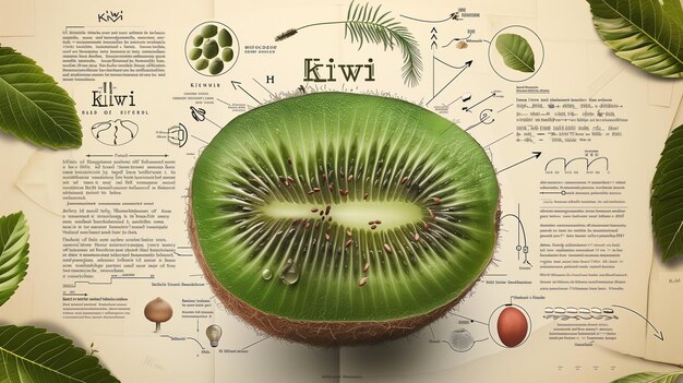 Foto ilustración de kiwi al estilo de un viejo libro de ciencia con infografías