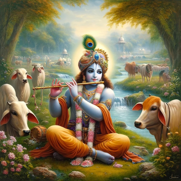 Ilustración de Krishna Janmashtami shree krishna con una vaca en el fondo