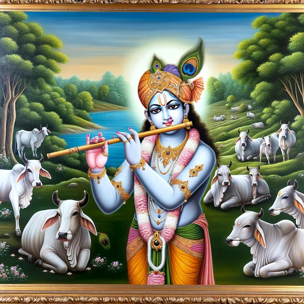 Ilustración de Krishna Janmashtami shree krishna con una vaca en el fondo