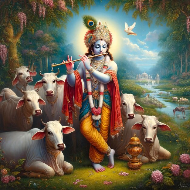 Ilustración de Krishna Janmashtami shree krishna con una vaca en el fondo