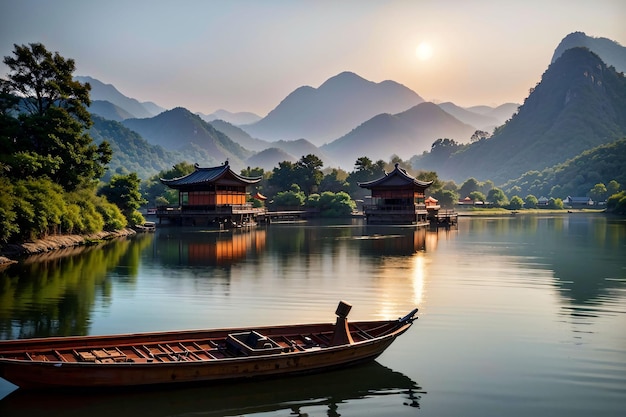 Ilustración de un lago con casas chinas y canoa