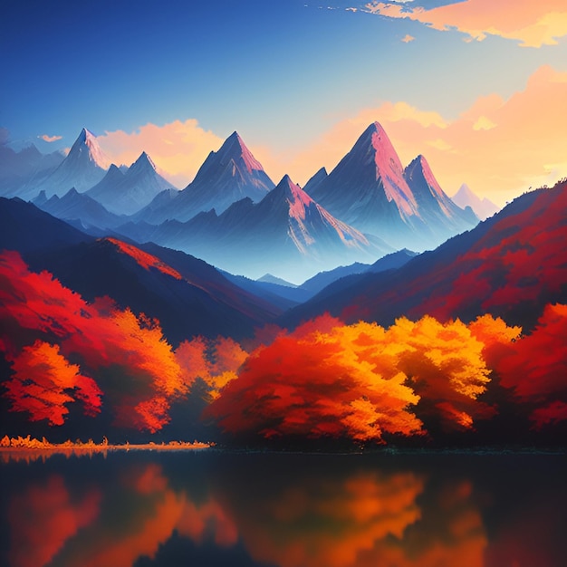 Ilustración Lago de otoño en las montañas Paisaje de otoño