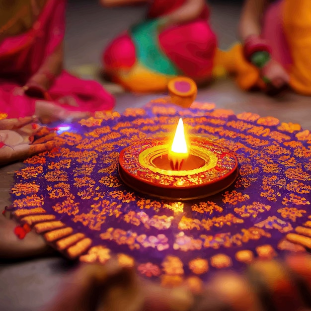 Ilustración de las lámparas de aceite encendidas en el colorido rangoli durante la celebración de diwali