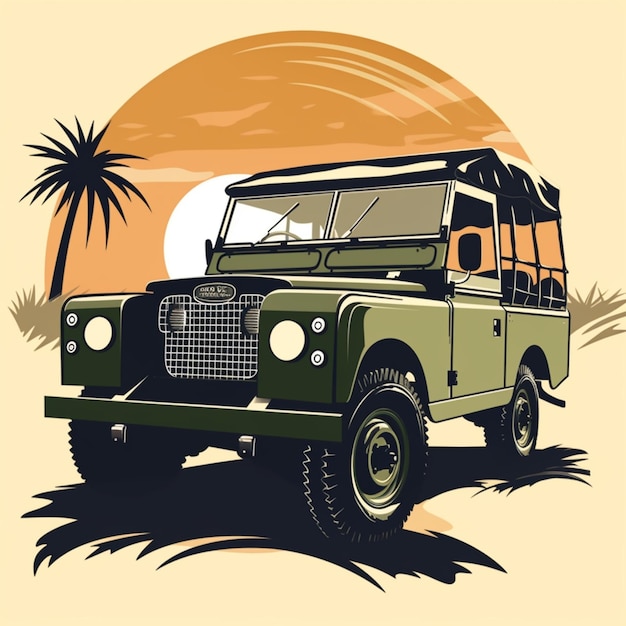 Una ilustración de un Land Rover con una palmera al fondo.